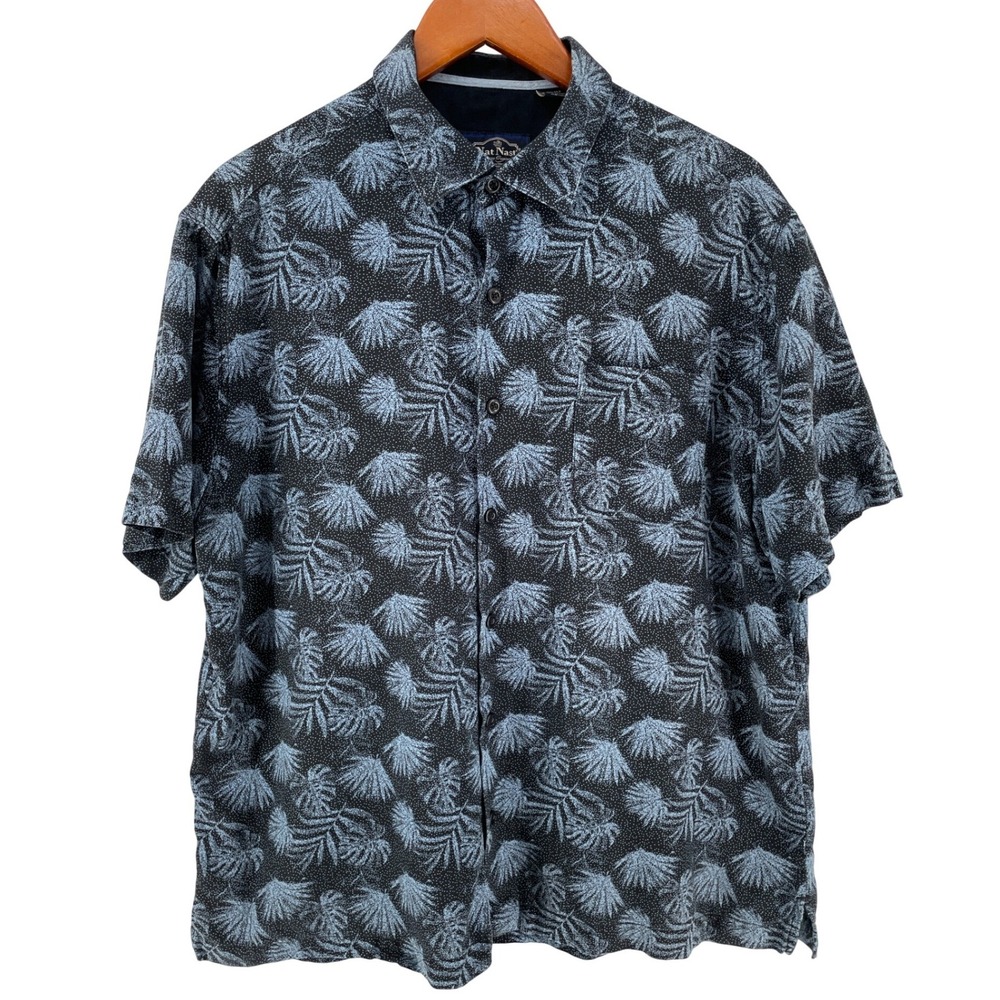 Nat Nast Silk Cotton Hawaiian Shirt Mens‎ Large Black Blue Tropical Palm